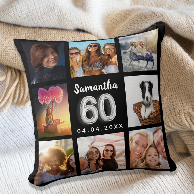 60th birthday black silver custom photo collage throw pillow (Creator Uploaded)