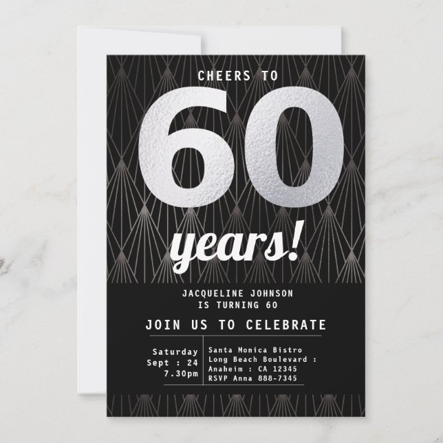 60th Birthday Black Silver Party Invitation (Front)
