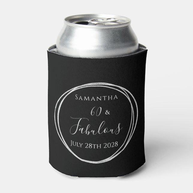 60th Birthday Black Silver Personalized Party Can Cooler (Can Front)