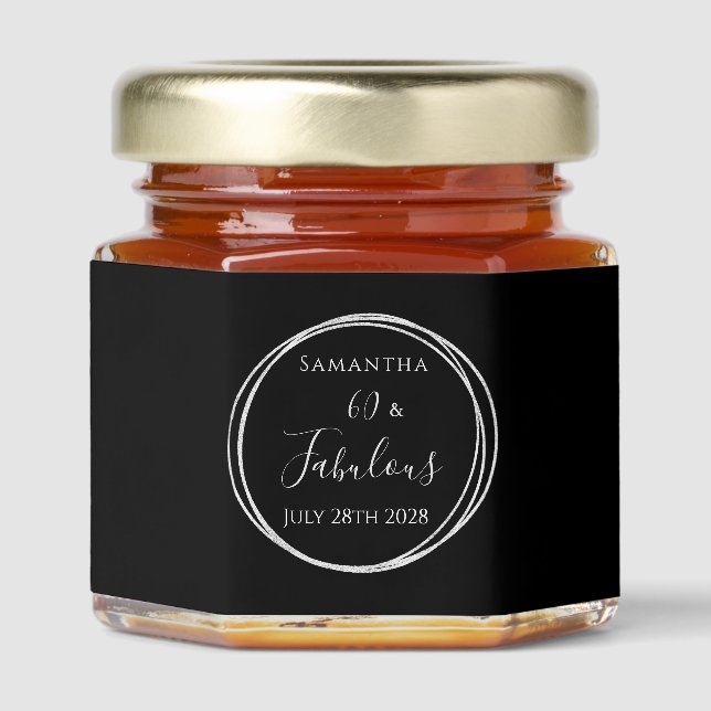 60th Birthday Black Silver Personalized Party Honey Jar Favors (Front)