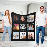 60th birthday black silver photo collage name fleece blanket<br><div class="desc">A unique gift for a 60th birthday, celebrating her life with a collage of 8 of your own photos, pictures. Personalize and add her name and a date. A chic black background. The name is written with a modern hand lettered style script. Number 60 with faux silver balloon style font....</div>