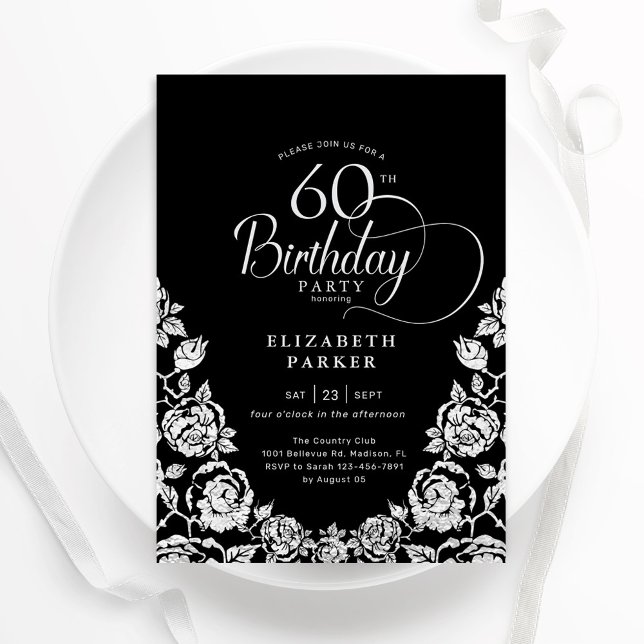 60th Birthday Black Silver Roses Invitation (Creator Uploaded)