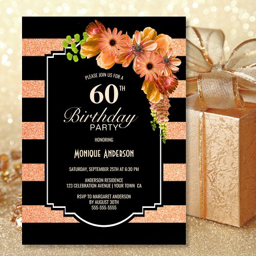 60th Birthday Black Striped Coral Floral Party Invitation