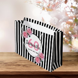 60th birthday black stripes pink roses name large gift bag