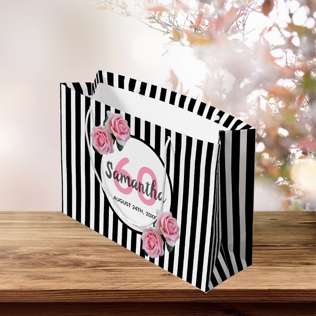 60th birthday black stripes pink roses name large gift bag (Creator Uploaded)