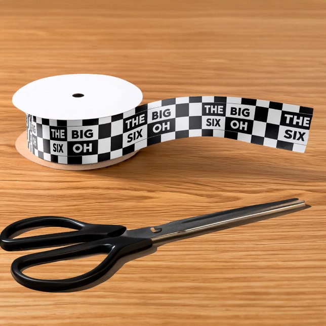 60th Birthday Black White Checkered Pattern Satin Ribbon (60th Birthday Black White Checkered Pattern Ribbon, in situ)