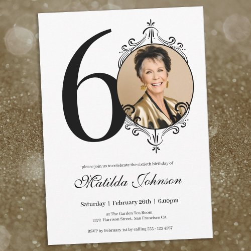 60th Birthday Black White Elegant Custom Photo Invitation