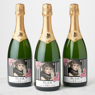 60th birthday black white stripes floral photo sparkling wine label