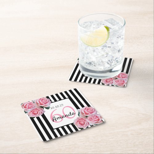 60th birthday black white stripes pink flowers square paper coaster