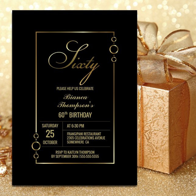 60th Birthday Black with Gold Frame Party Invitation (Creator Uploaded)