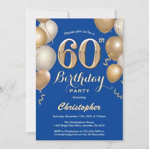 60th Birthday Blue and Gold Balloons Confetti Invitation