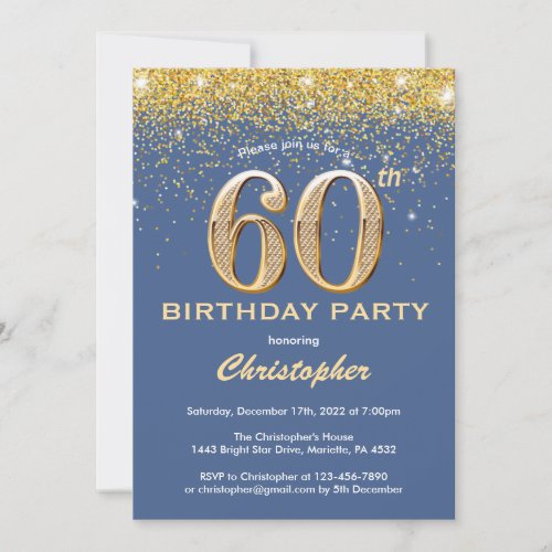 60th Birthday Blue and Gold Glitter Confetti Invitation