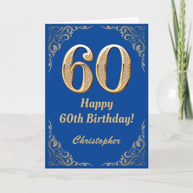 60th Birthday Blue and Gold Glitter Frame Card (Front)