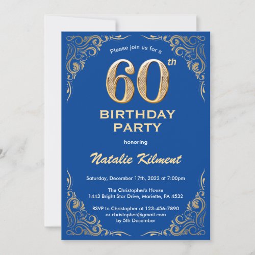 60th Birthday Blue and Gold Glitter Frame Invitation