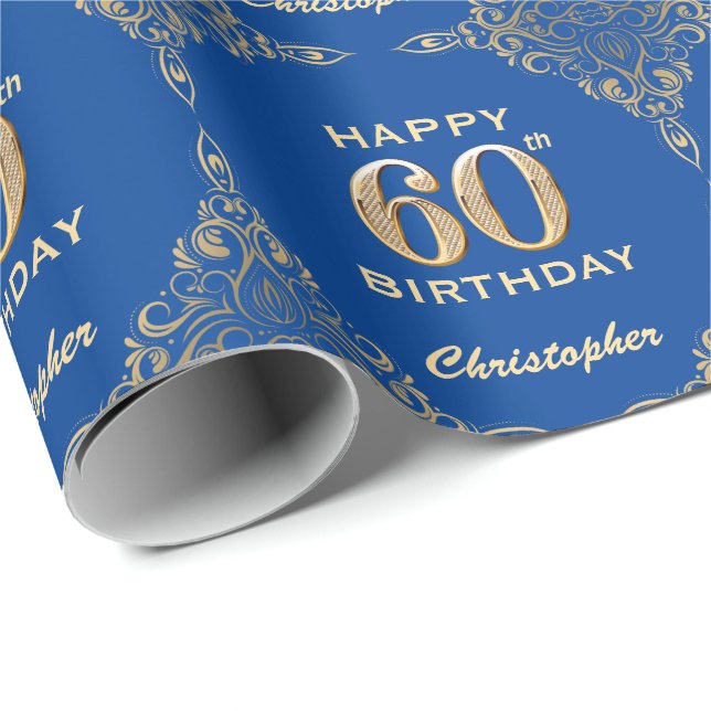 60th Birthday Blue and Gold Glitter Frame Wrapping Paper (Roll Corner)
