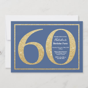 60th Birthday Blue and Gold Glitter Invitation