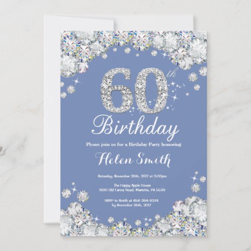60th Birthday Blue and Silver Diamond Invitation
