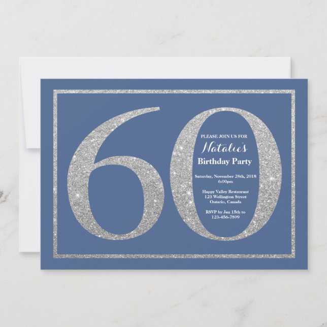 60th Birthday Blue and Silver Glitter Invitation (Front)