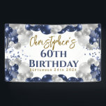 60th Birthday Blue Balloons Party Welcome Banner<br><div class="desc">A gorgeous navy and silver balloon 60th birthday party banner. This fabulous design is the perfect way to congratulate someone on their sixtieth birthday (or any age!). Personalize with our own custom name. Blue and gold colored typography and gorgeous navy blue and silver balloons.</div>