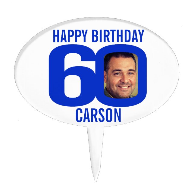 60th birthday blue custom photo  cake topper (Front)