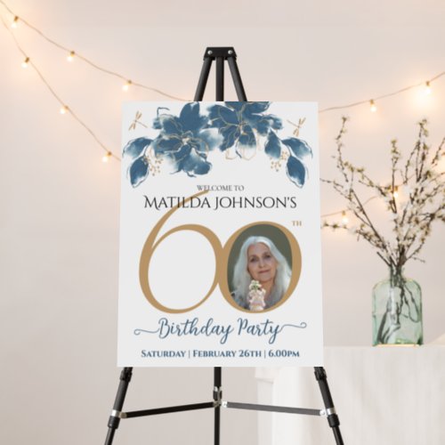 60th Birthday Blue Floral Gold Photo Welcome Sign