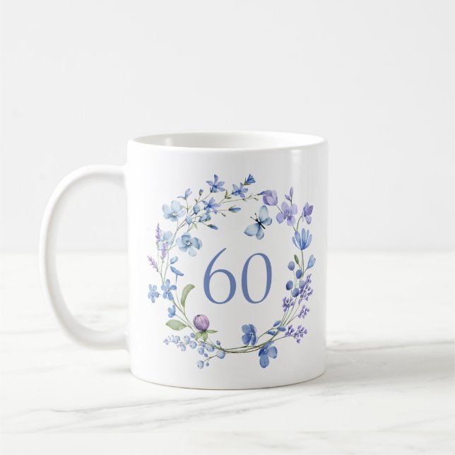 60th Birthday Blue Floral Monogram  Coffee Mug (Left)