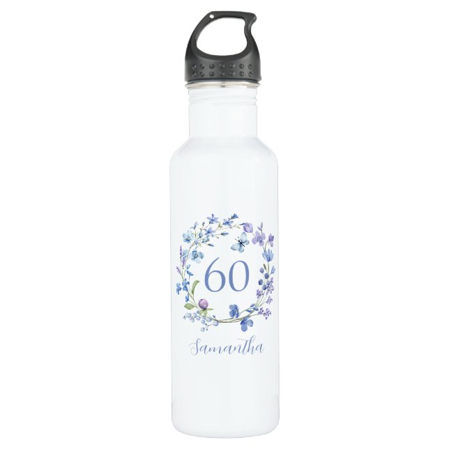 60th Birthday Blue Floral Name Stainless Steel Water Bottle (Front)