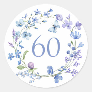 60th Birthday Blue Floral Watercolor Classic Round Sticker