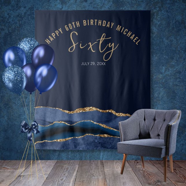 60th Birthday Blue Gold Agate Photo Backdrop (Creator Uploaded)