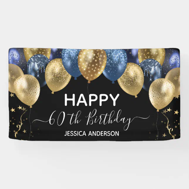 60th Birthday Blue Gold Balloons Banner | Zazzle