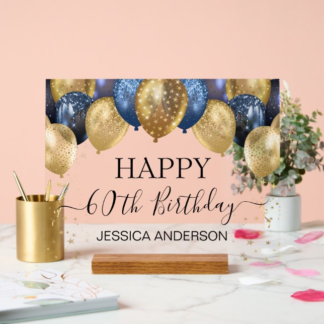 60th Birthday Blue Gold Balloons Clear Acrylic Sign (Wedding)