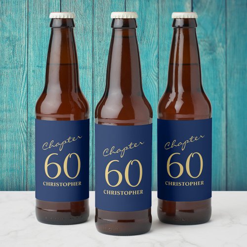 60th Birthday Blue Gold Beer Bottle Label