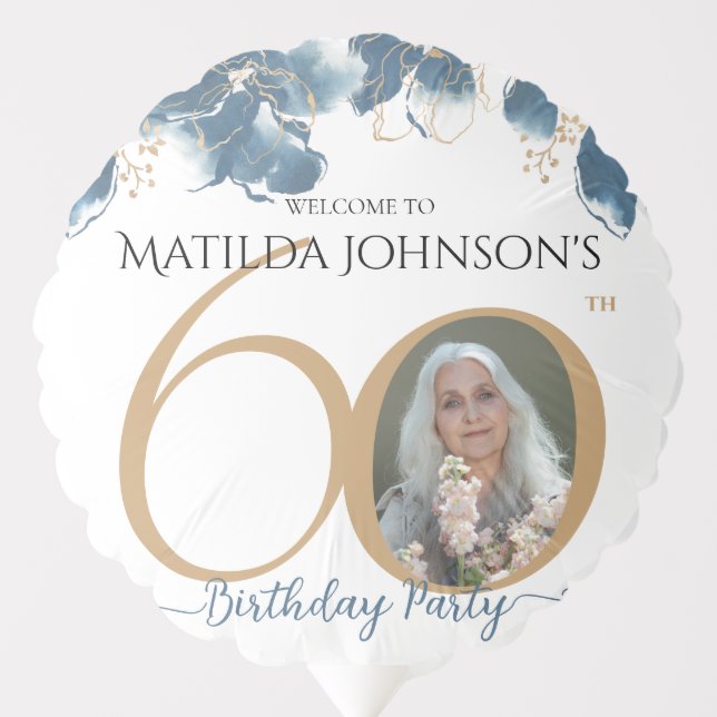 60th Birthday Blue Gold Floral Chic Custom Photo Balloon (Front)