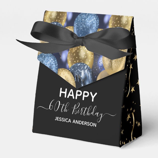 60th Birthday Blue Gold Glitter Balloons Favor Box (Front Side)