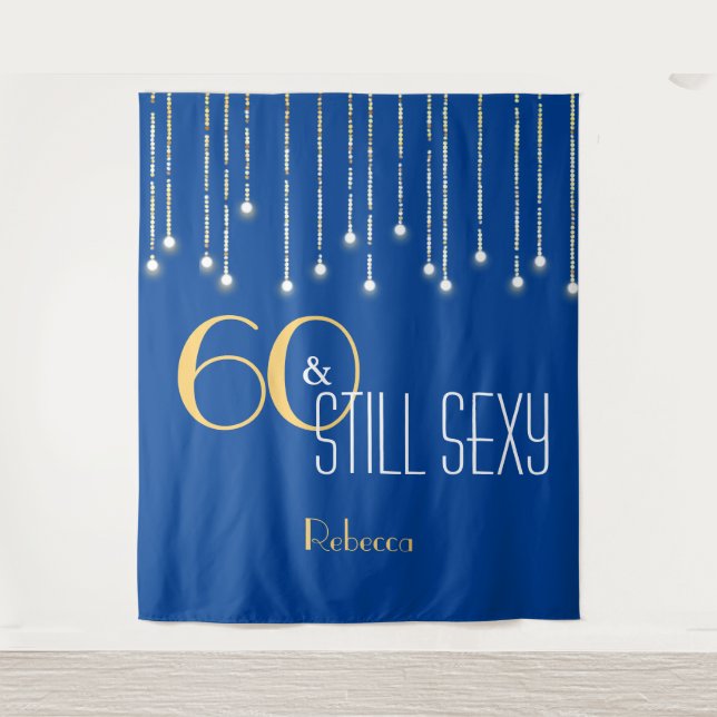 60th Birthday Blue Gold Photo Booth Backdrop (Front)