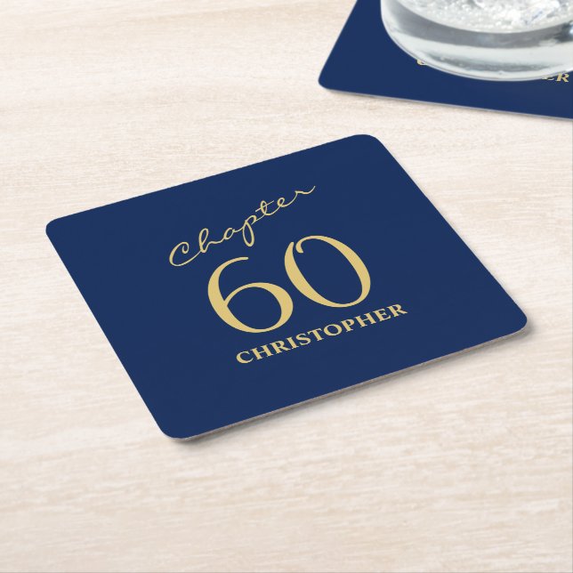 60th Birthday Blue Gold Square Paper Coaster (Angled)