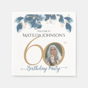 60th Birthday Blue Gold Watercolor Floral Photo Napkins