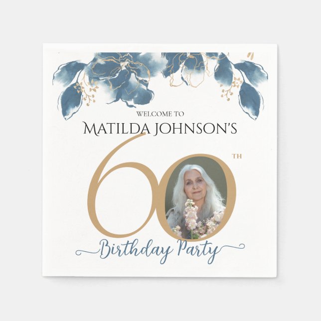 60th Birthday Blue Gold Watercolor Floral Photo Napkins (Front)