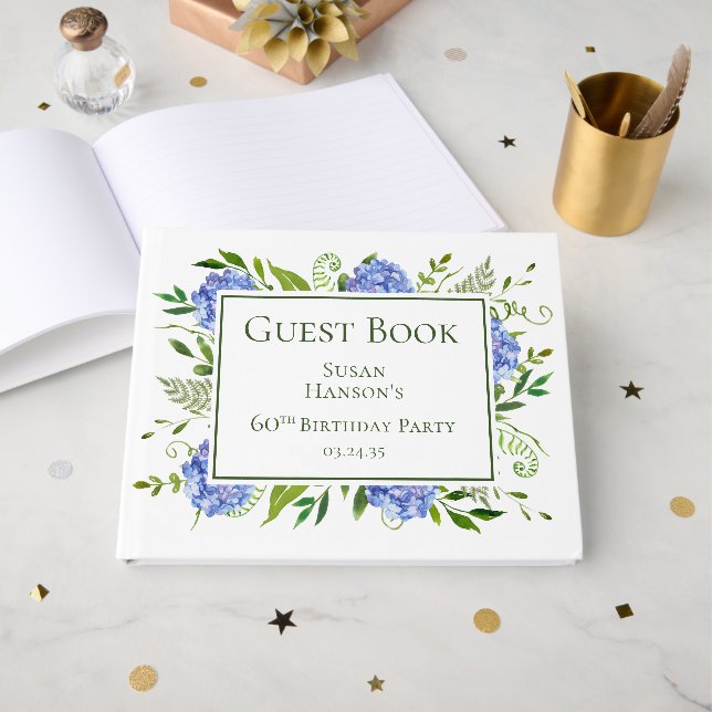 60th Birthday Blue Hydrangeas Guest Book (Front Open)