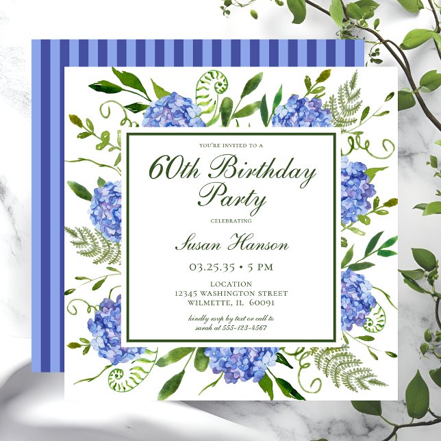 60th Birthday Blue Hydrangeas Script Invitation (Creator Uploaded)