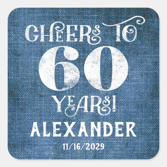 60th Birthday Blue Linen Thank You Favor Stickers (Front)