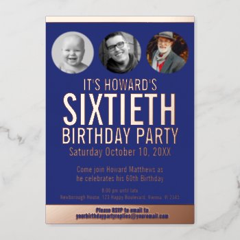 60th Birthday Blue Metal Foil Photo Circles Foil Invitation by Mylittleeden at Zazzle
