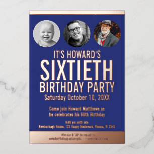 60th Birthday blue metal foil photo circles Invitation