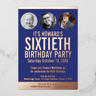 60th Birthday blue metal foil photo circles Invitation