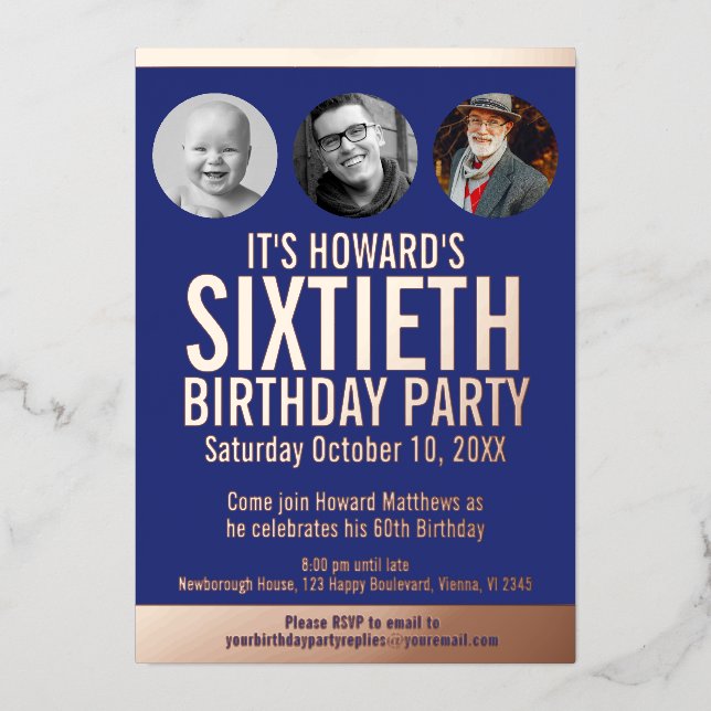 60th Birthday blue metal foil photo circles Invitation (Front)