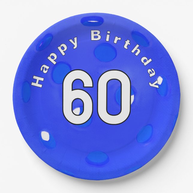 60th Birthday Blue Pickleball Paper Plates (Front)