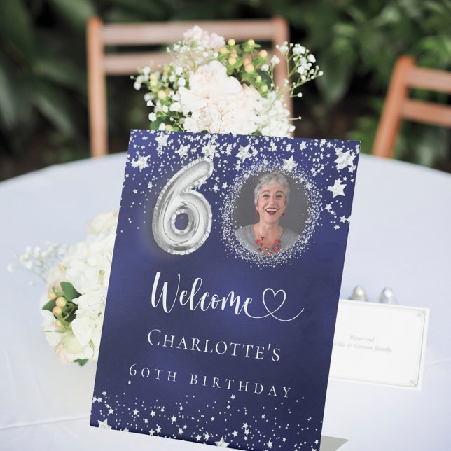 60th Birthday blue silver stars photo welcome Pedestal Sign (Creator Uploaded)