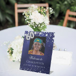 60th Birthday blue silver stars photo welcome Pedestal Sign<br><div class="desc">A welcome sign for a 60th birthday party.  A navy blue background with elegant faux silver stars. The blue color is uneven.  Personalize and add a photo,  name and text.  White letters. 
Back: no design</div>