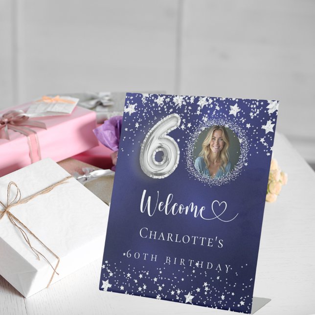60th Birthday blue silver stars photo welcome Pedestal Sign (Creator Uploaded)