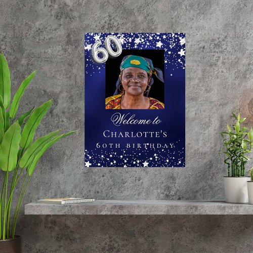 60th Birthday blue silver stars photo welcome Poster